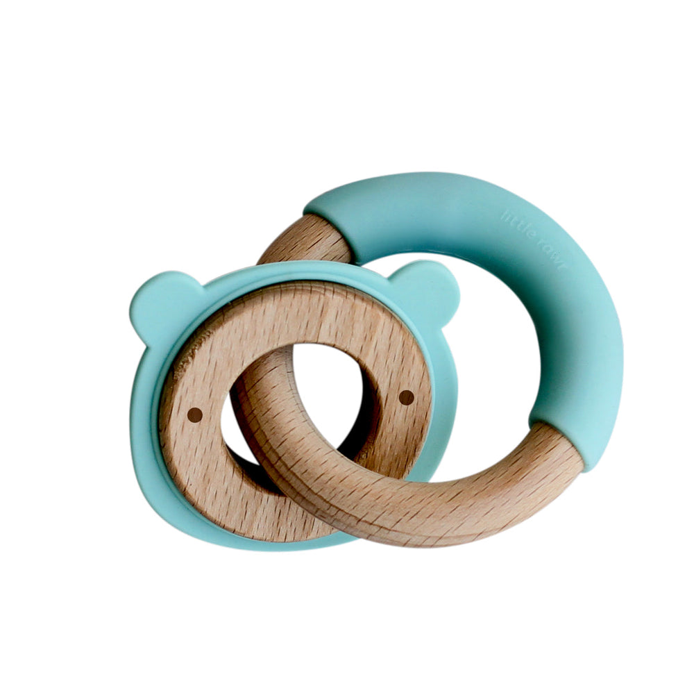 Little Rawr Wood + Silicone Disc & Ring Teether- BEAR Shape- Blue - Sohii India