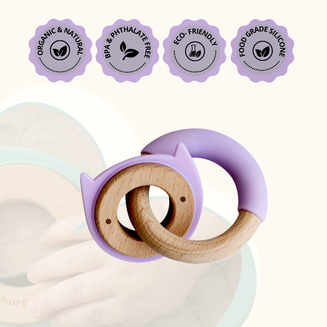 Little Rawr Wood + Silicone Disc & Ring Teether- KITTY Shape- Purple - Sohii India