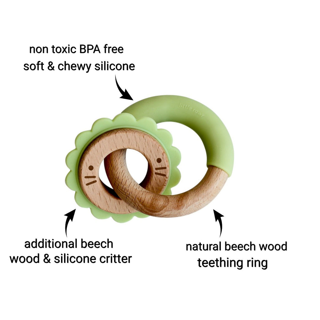 Little Rawr - Wood + Silicone Disc & Ring Teether & D Shape Teether Combo - Green - Sohii India