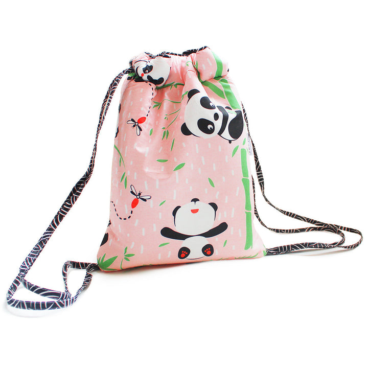 Drawstring Bag with Waterproof Lining || Multipurpose, Swimming Bag, Playtime Bag, Tuition Bag - Panda Village, Pink