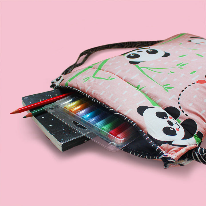 Drawstring Bag with Waterproof Lining || Multipurpose, Swimming Bag, Playtime Bag, Tuition Bag - Panda Village, Pink