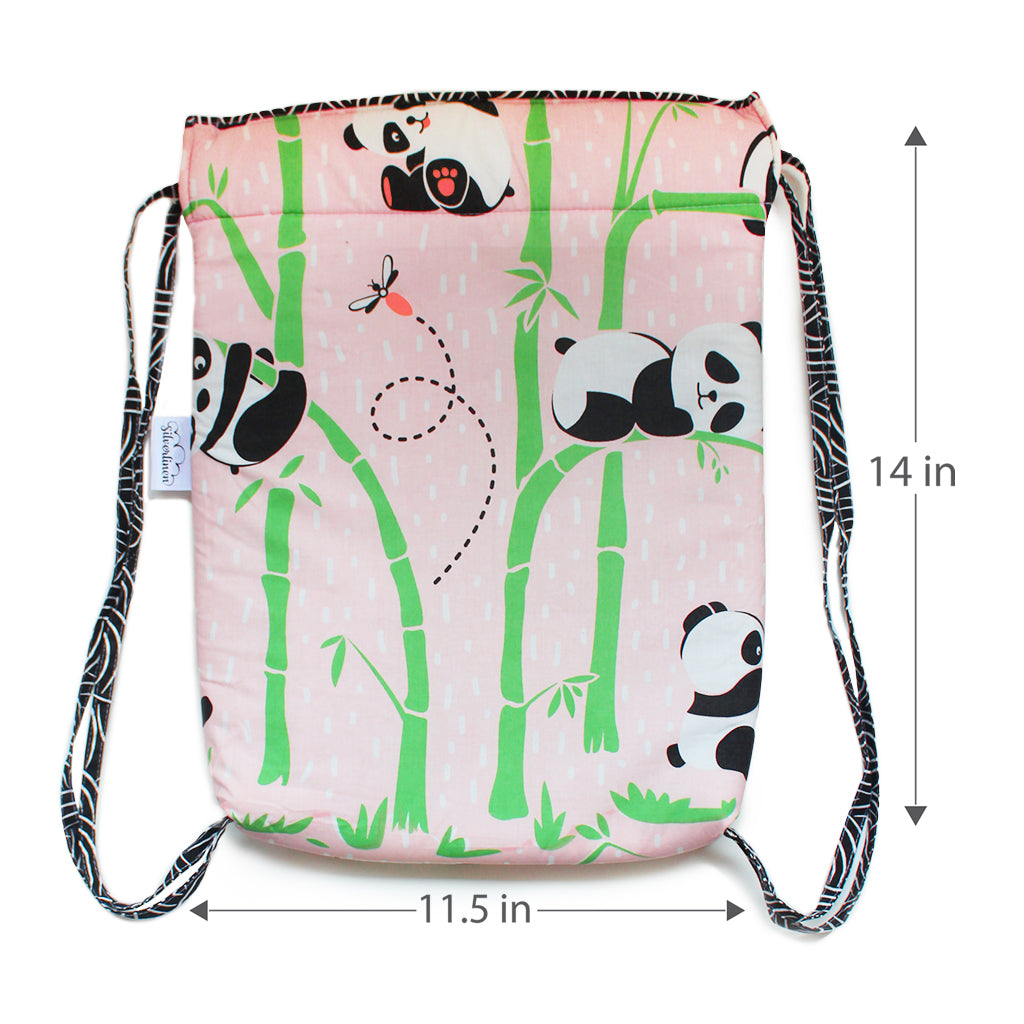 Drawstring Bag with Waterproof Lining || Multipurpose, Swimming Bag, Playtime Bag, Tuition Bag - Panda Village, Pink