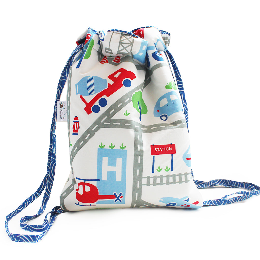 Drawstring Bag with Waterproof Lining || Multipurpose, Swimming Bag, Playtime Bag, Tuition Bag - Busy Street