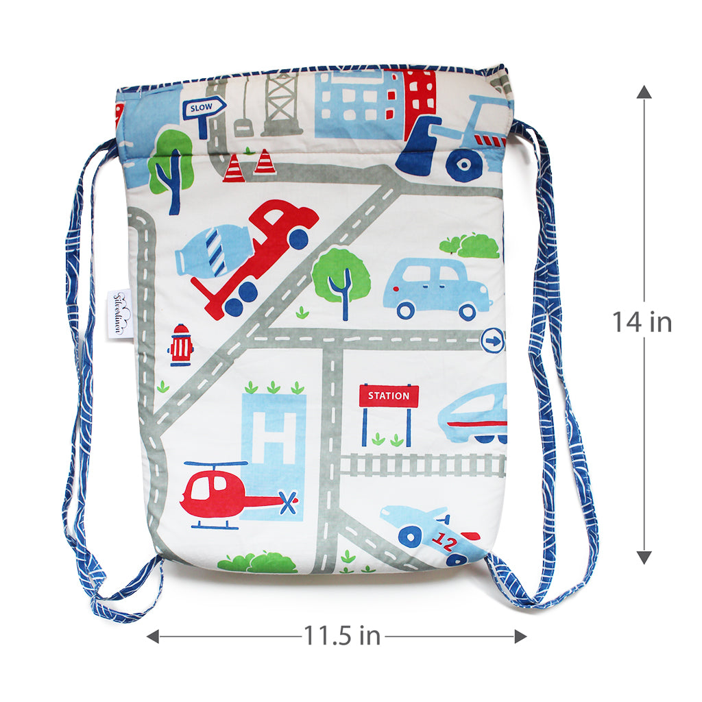 Drawstring Bag with Waterproof Lining || Multipurpose, Swimming Bag, Playtime Bag, Tuition Bag - Busy Street