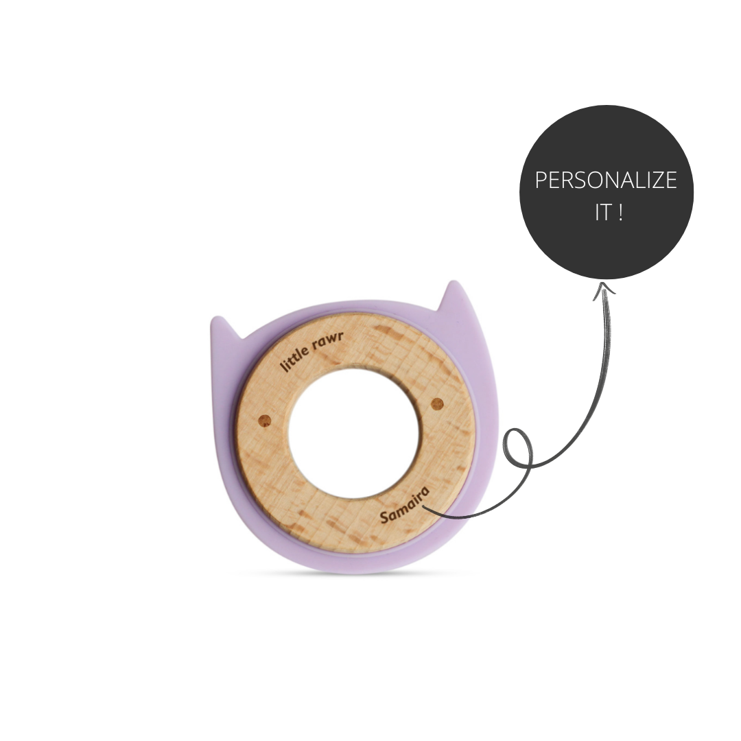 Little Rawr Wood + Silicone Disc Teether- KITTY Shape- Purple - Sohii India