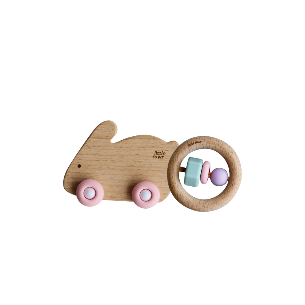 Little Rawr - Wood + Silicone Bead O Shape Teether & Wood Wheelie Animal Toy - Pink - Sohii India