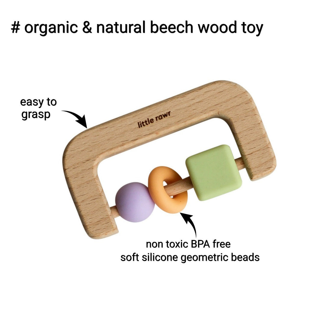 Little Rawr - Wood + Silicone Disc & Ring Teether & D Shape Teether Combo - Green - Sohii India