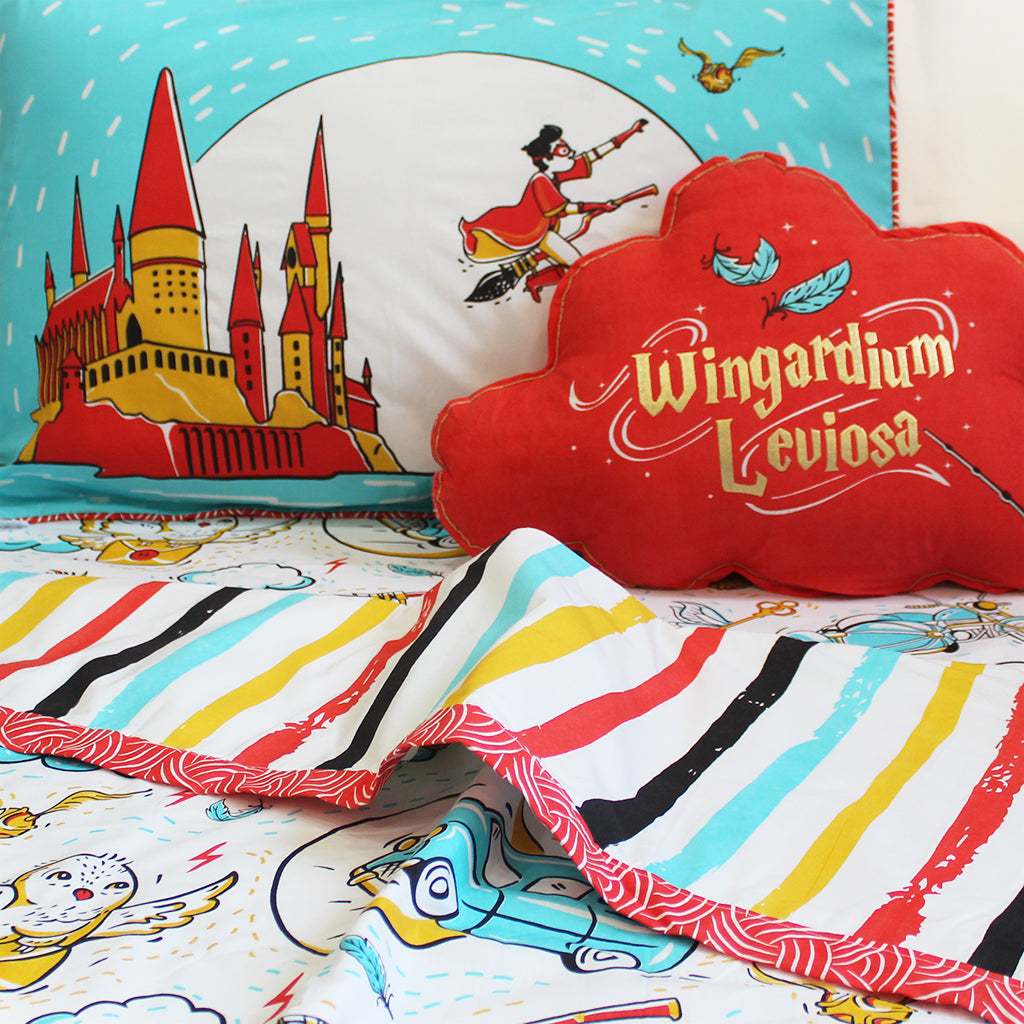 Official Harry Potter Wingardium Leviosa Bundle of Joy Single/Double Bedsheet with Pillow Cover, Reversible Blanket & Cushion (Can be Personalised)