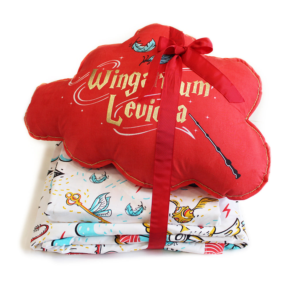 Official Harry Potter Wingardium Leviosa Bundle of Joy Single/Double Bedsheet with Pillow Cover, Reversible Blanket & Cushion (Can be Personalised)