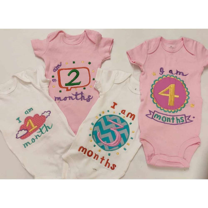 Hand Embroidered Milestone Romper Set of 12 - Bubble thoughts - White Pink White Combination