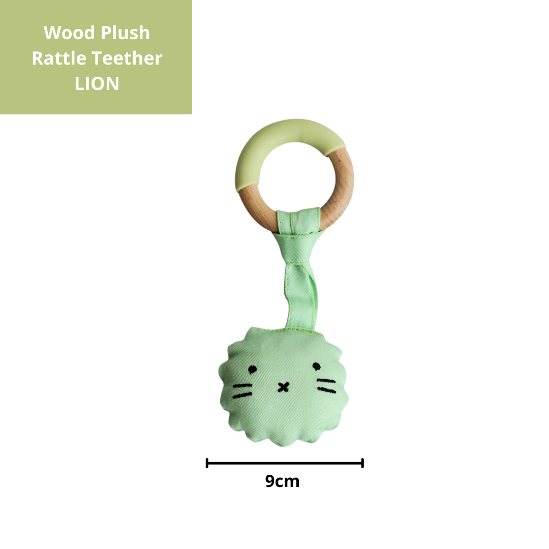 Little Rawr Wood Plush Rattle Teether Toy- LION Shape- Green - Sohii India