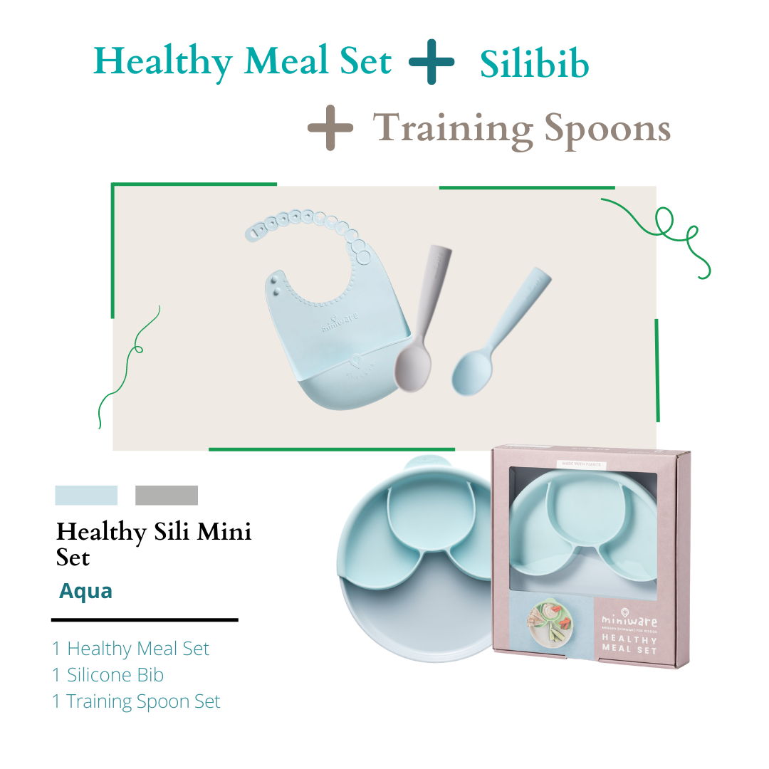 Suppertime Combo Aqua (Silibib, Healthy Meal Aqua/Aqua, Training Spoon Grey/Aqua)