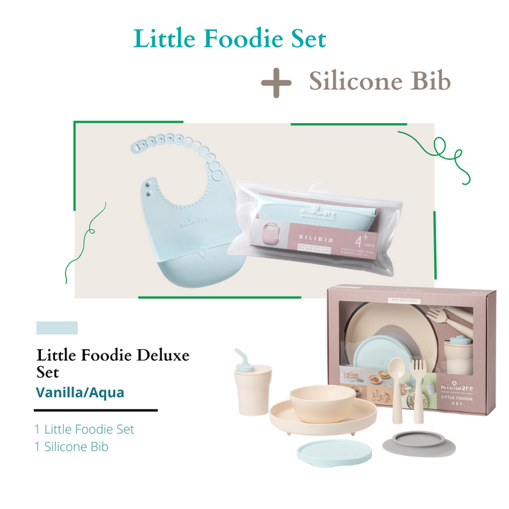 Miniware Little Foodie Deluxe Set Vanilla/Aqua (Little Foodie Set, Roll & Lock Silibib Aqua)