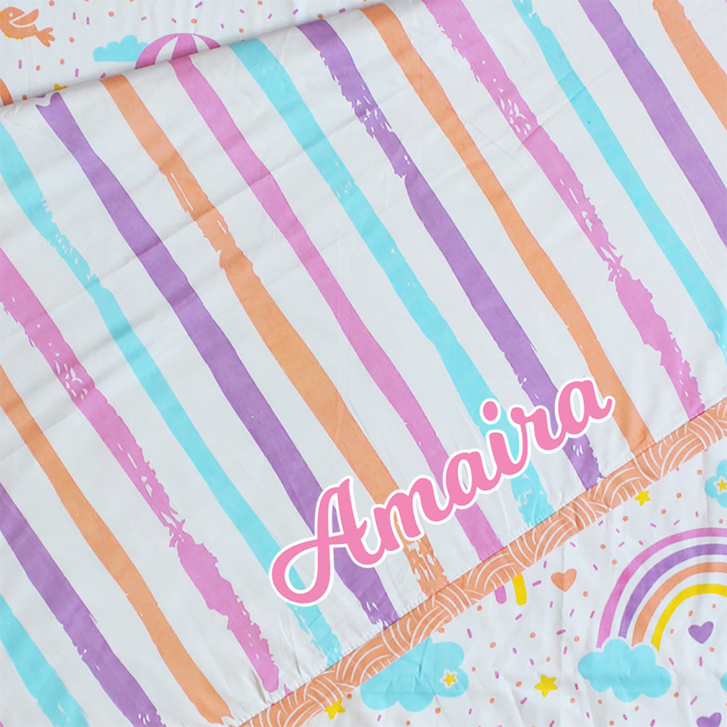 Over The Rainbow 100% Cotton 3 Layer Reversible Single Blanket Dohar for Girls - (Can be Personalised)