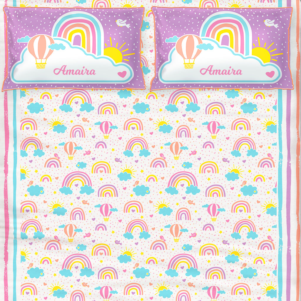 Over the Rainbow 100% Cotton Bedsheet for Girls with Pillow Cover - Single/Double (Can be Personalised)