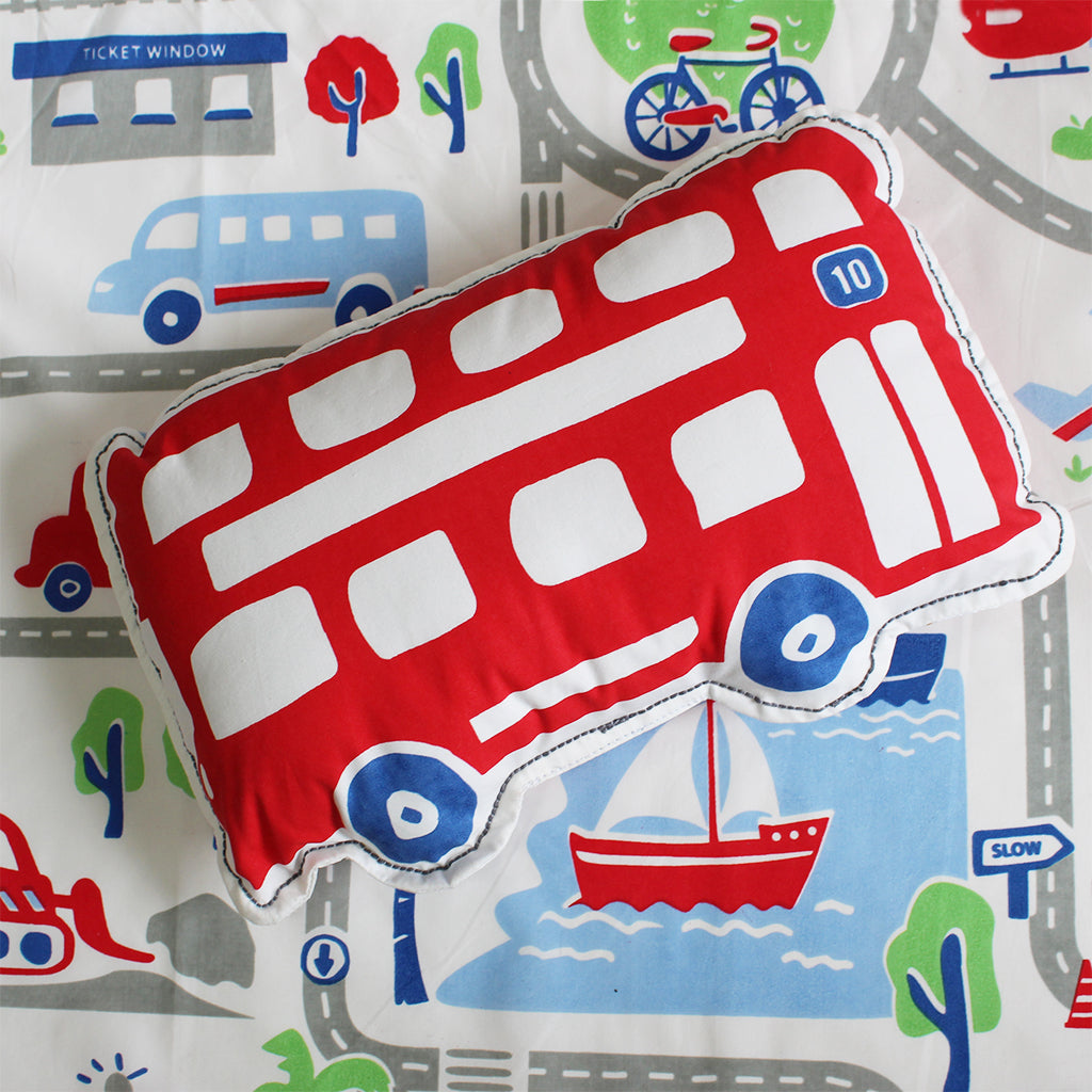 Busy Street Big Bus Shape Cushion for Boys & Girls (Can be Personalised)