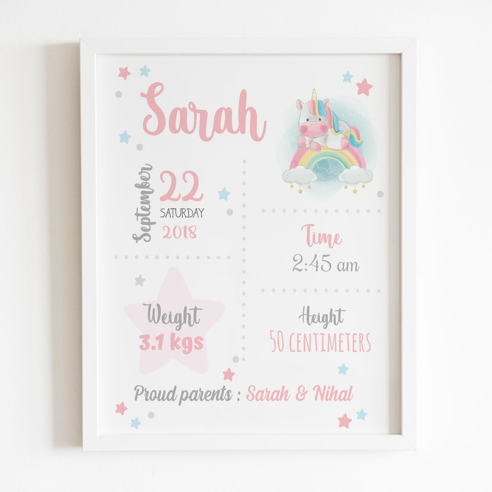 Birth Statistics Frame - Unicorn Theme