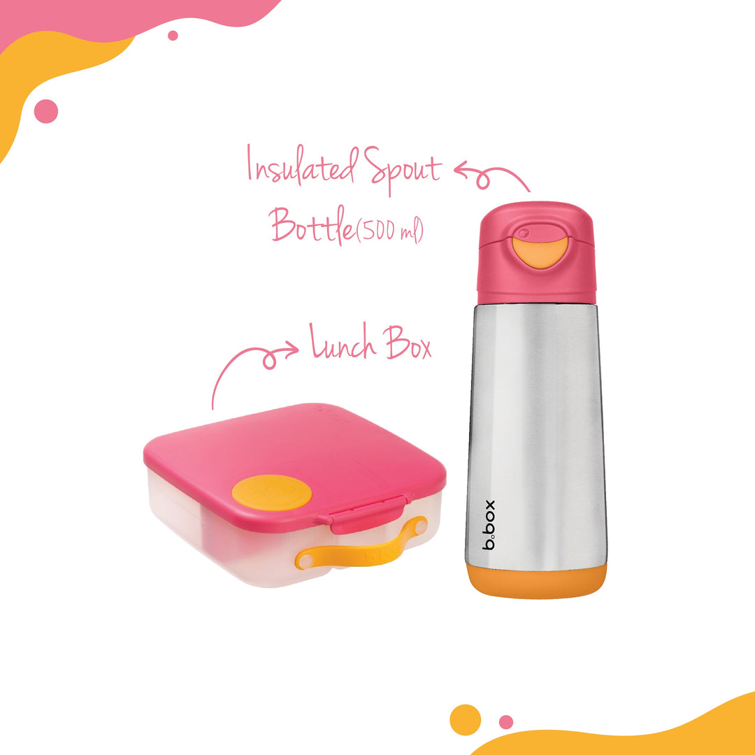 Insulated Sport Spout Drink Water Bottle 500ml + Lunch box Strawberry shake pink orange
