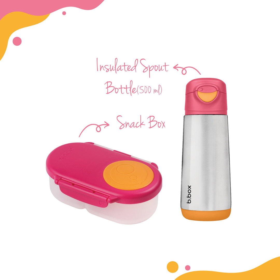 Insulated Sport Spout Drink Water Bottle 500ml + Snack box Strawberry Shake Pink Orange