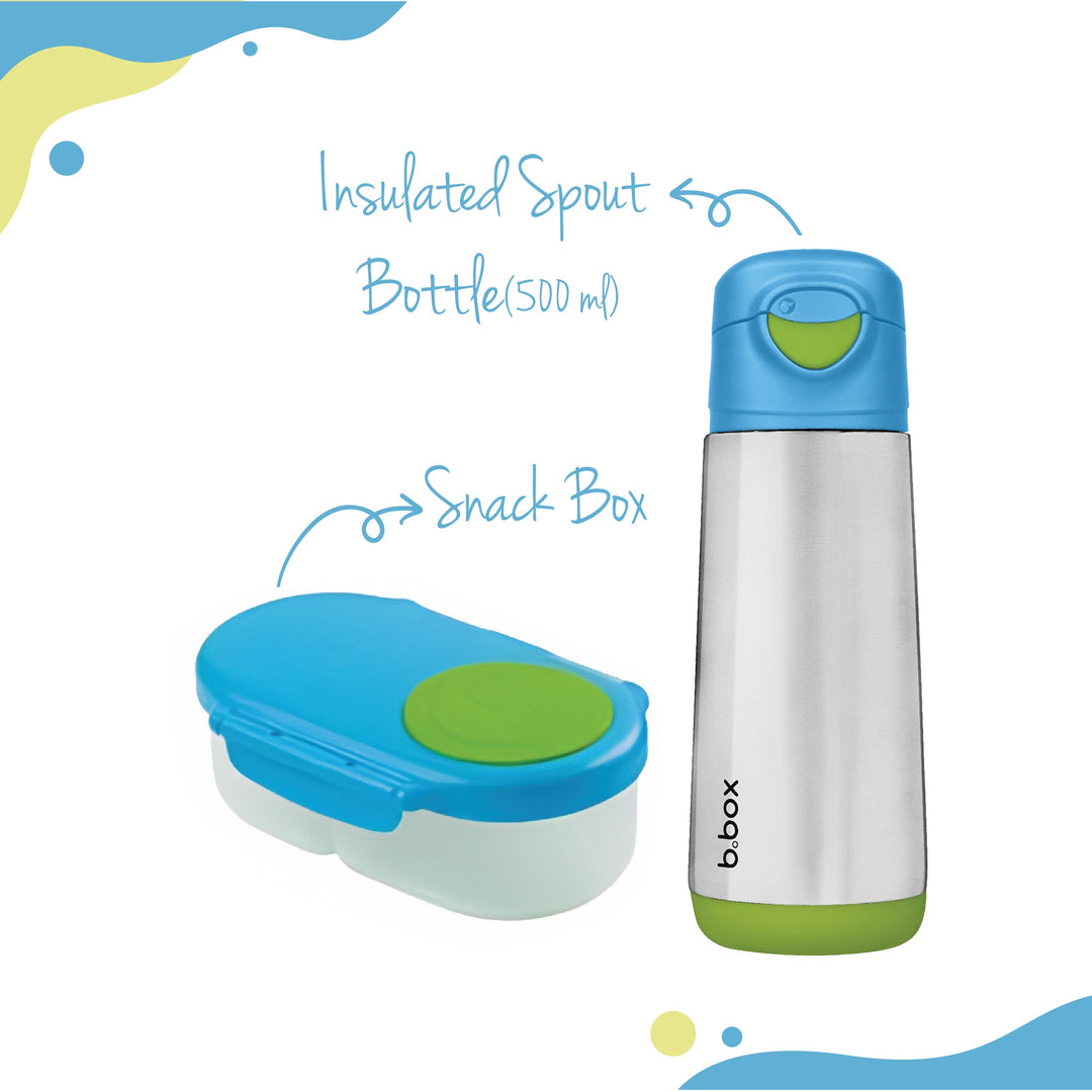 B.Box Insulated Sport Spout Drink Water Bottle 500ml + Snack box Ocean Breeze Blue Green