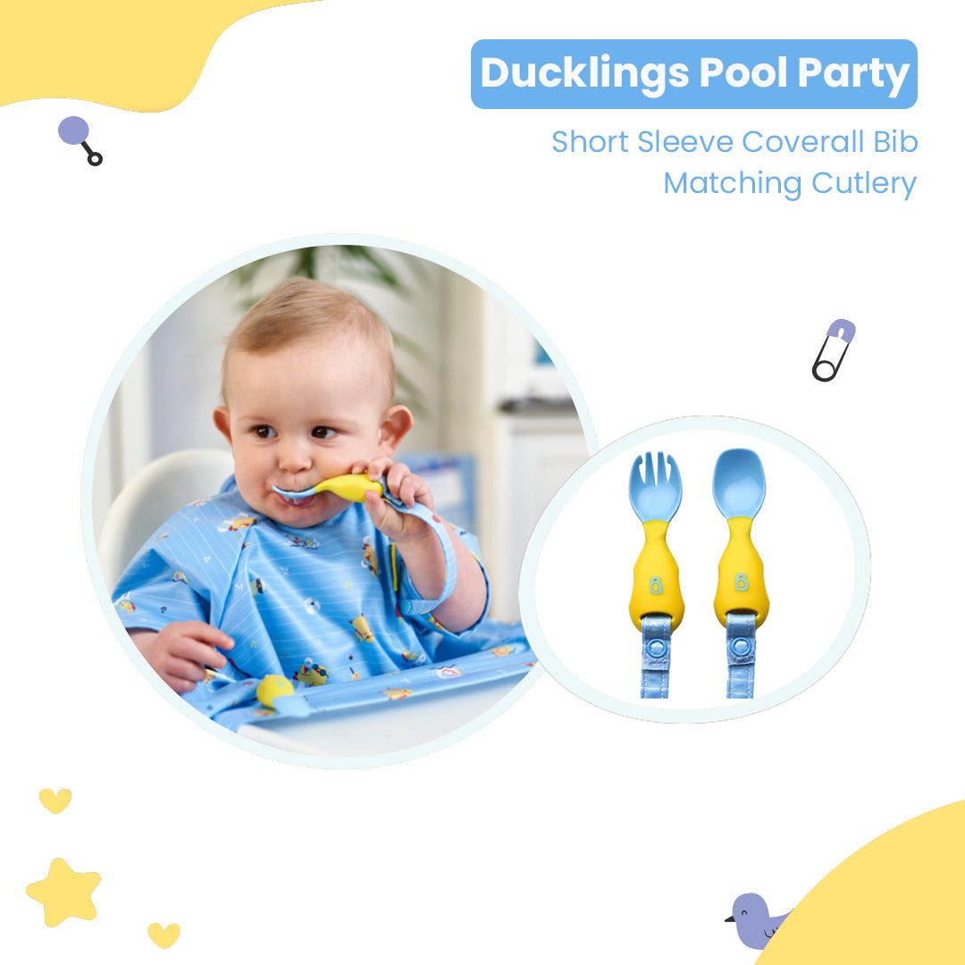 Bibado Long -sleeve Coverall Weaning Bib + Bibado Handi Cutlery- Attachable Weaning Cutlery Set Ducklings Pool Party Blue