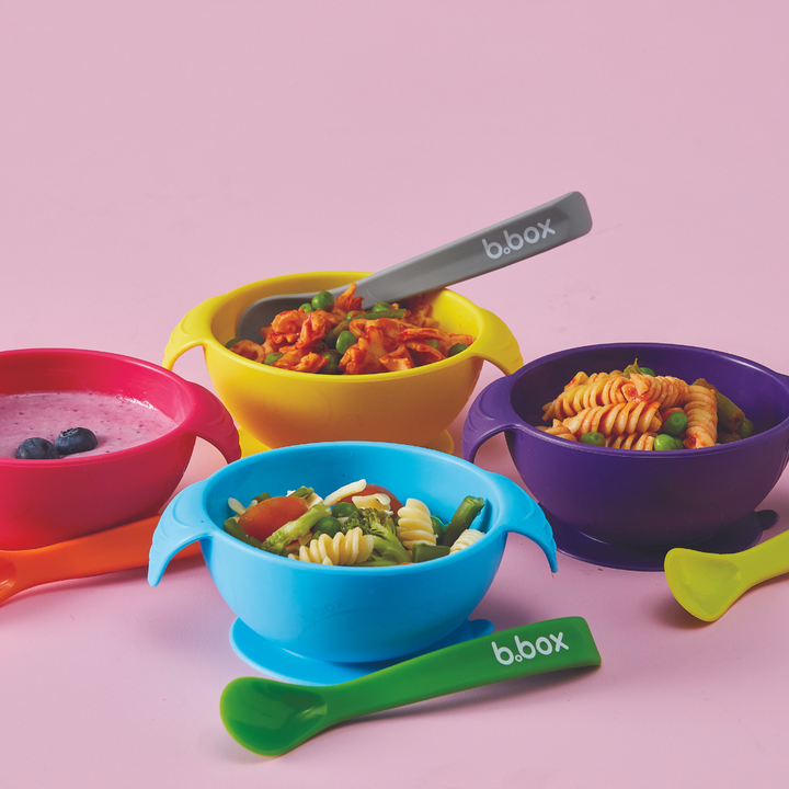 B.Box Soft Spout Cup + Silicone Suction Feeding Bowl Set with Spoon  Strawberry Shake Pink Orange
